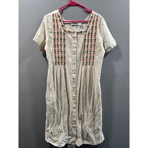 Amanda Stewart Vintage Embroidered‎ Cotton Linen Button Front Midi Dress Tan L